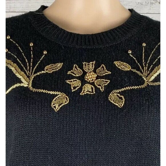 NWT Vintage Russ Sweater Large Black Gold Floral Beadwork Retro 80s Beverly Knit - Picture 2 of 11